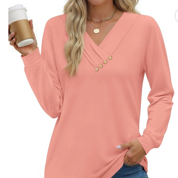 Fantaslook Tops - Women's Coral V-Neck Long Sleeve Top with Button Trim